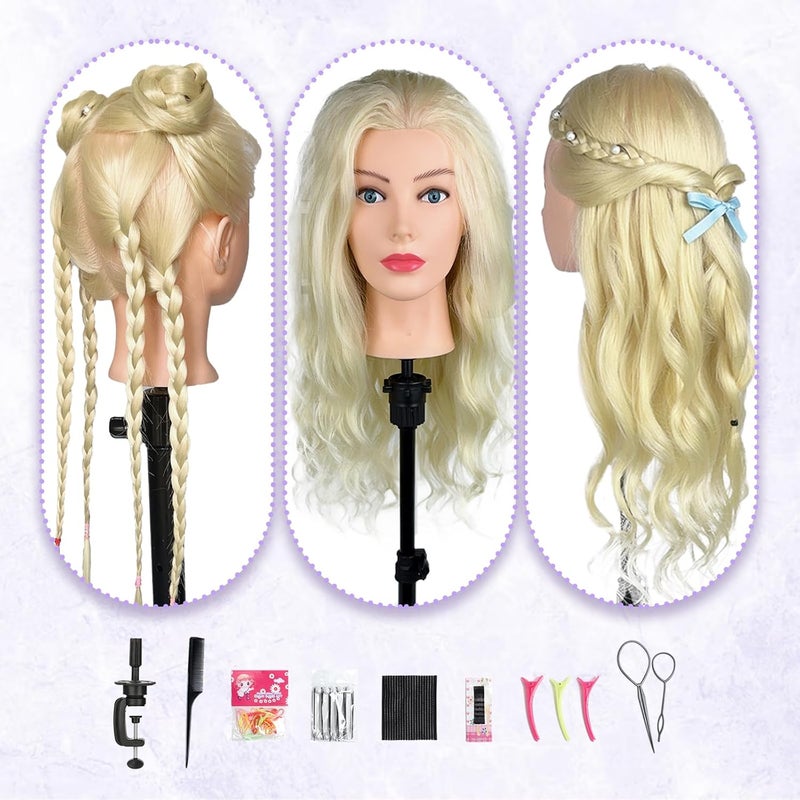 Firstwon Mannequin Head Human Hair- Cosmetology Manikin Doll Head with 80% Real Hair for Hairdresser Practice Styling Braiding & Free Clamp Holder (#613 Blonde) - Image 4